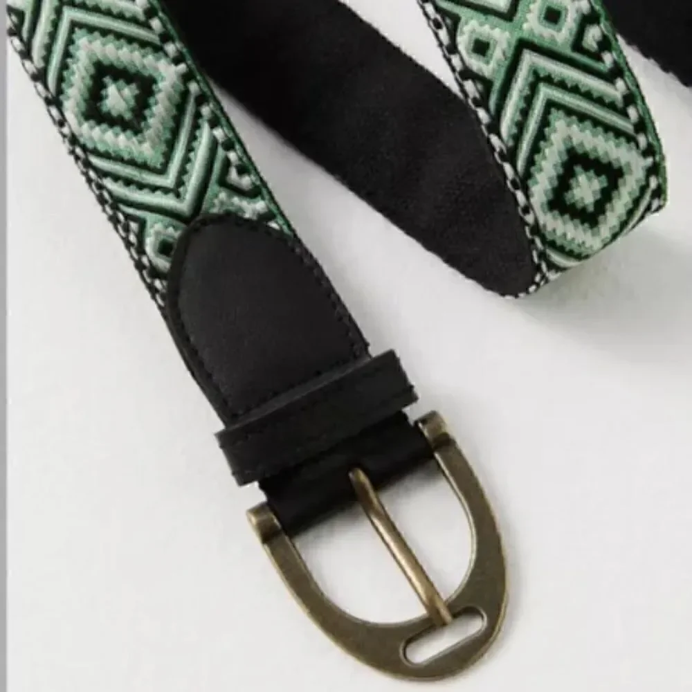 NWOT Free People Moving to Mars Belt Cotton S/M Green Black Leather Cotton Retro